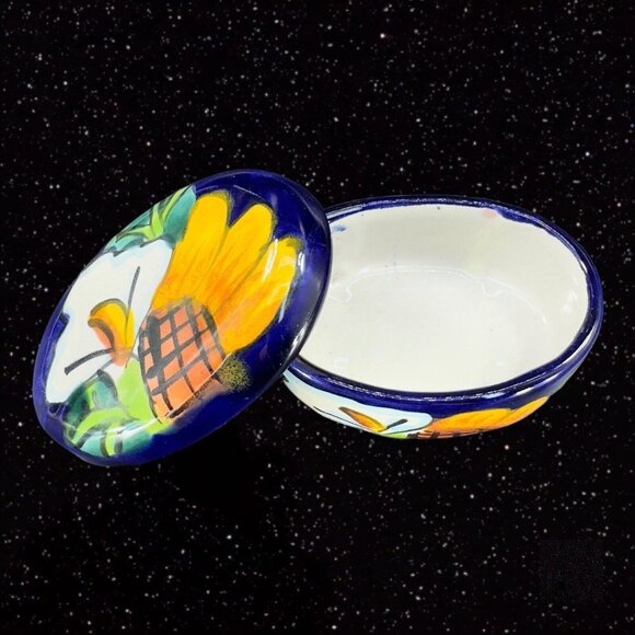 Mexican Pottery Trinket Box Jewelry Storage Box Talavera Pottery Painted Flowers - Picture 6 of 12